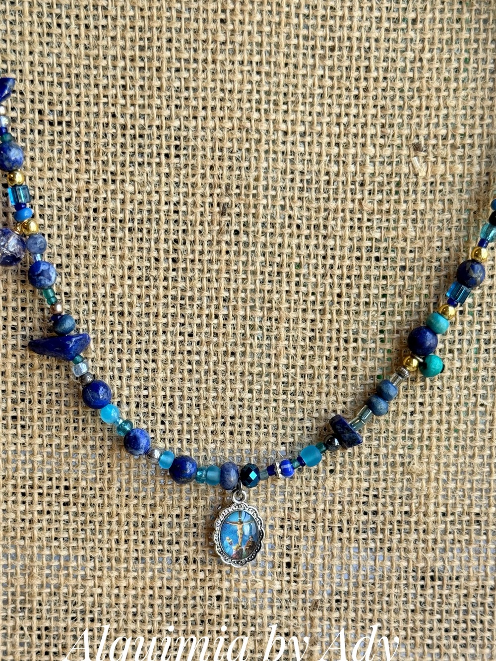 Lapis Lazuli Handcrafted Blue Beaded Necklace with Religious Charm
